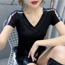 Camiseta de verão moda coreana roupas camiseta gola v diamantes tops femininos camiseta de algodão sexy oco novo 2020 t04911 2024 - compre barato