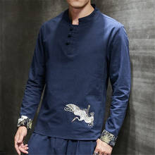 Traje tang para homens, camiseta de algodão de linho estilo chinês tai chi bordado com top solto casual plus size outono 2024 - compre barato