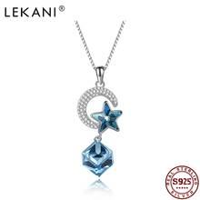 LEKANI реальные 925 стерлингового серебра ожерелье с Луной и звездой для женщин синяя квадратная настоящими Австрийскими кристаллами двойной подвески ювелирные украшения 2024 - купить недорого