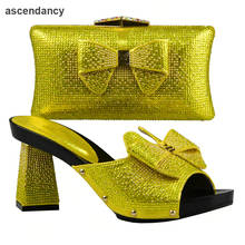 Conjunto de sapatos e bolsa femininos italianos decorados com strass nigeriano festa sapatos e bolsa conjunto para as mulheres nova cor amarela senhora sapatos 2024 - compre barato