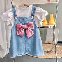 Conjunto de dos piezas de ropa de verano para niñas, camisa blanca con lazo, vestido de tirantes de mezclilla, ropa dulce para niños de 2, 3, 4, 5, 6 y 7 años 2024 - compra barato