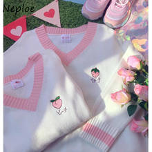 Neploe 2022 V-neck Sweet Preppy Style Sweater Women Fresh Peach Strawberry Embroidery Pullovers Panelled Patchwork Knit Tops 2024 - buy cheap