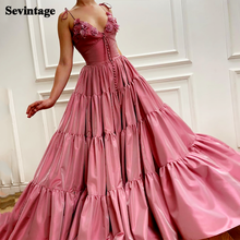 Sevintage A Line 3D Flowers Satin Long Evening Gowns Spaghetti Strap Pleats Prom Dress Deep V-Neck Formal Women Party Dresses 2024 - buy cheap