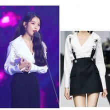 kpop IU Lee Ji Eun Korean new white lace splice long sleeved shirt tops+black sexy slim sling mini skirt women two piece outfits 2024 - buy cheap