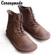 Careaymade-Natural Cowhide leather retro literature art leisure boots, round-headed lace flat-bottomed High-quality boots 2024 - buy cheap