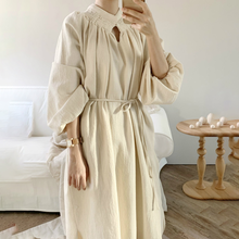 2021 New Beige Cotton Linen Vintage Long Dress Sashes Women Spring Oversized V Neck Puff Sleeve Pullover Maxi Dresses 2024 - buy cheap