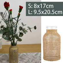Стеклянные вазы ручной работы, держатель для бутылок из соломы, украшение для стола в гостиной, прозрачная гидропоника, веревка в цветочек, ваза для сухих цветов 2024 - купить недорого