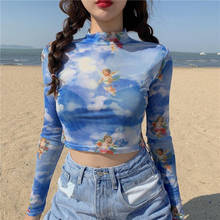 Blusa de manga larga con estampado de ángel para verano y otoño, camisa transparente, Sexy, azul y negro 2024 - compra barato