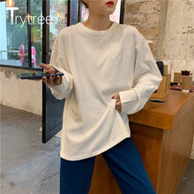 Tritree camiseta casual feminina de manga comprida, gola redonda, 6 cores simples, solta, todos os fins da moda, primavera e outono, 2020 2024 - compre barato