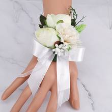 Boutonniere-Botones de boda, rosas de seda, cordón rosa con ramillete, dama de honor, novio, accesorios de flores para muñeca 2024 - compra barato