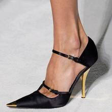 Zapatos De tacón alto De seda para Mujer, calzado con correa en el tobillo, con punta De Metal, a la moda, 2021 2024 - compra barato