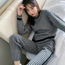 Two Autumn Winter Fashion Piece Sweater Set Women Houndstooth Wide-Leg Pants Suit Striped Plaid Casual Clothes Knitted Outfits 2024 - buy cheap
