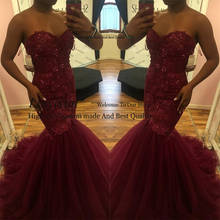 2020 Burgundy Mermaid Sweetheart African Prom Dresses Beads Lace Applique Backless Sweep Train Strapless Plus Evening prom dress 2024 - buy cheap