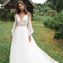 Lantern Long Sleeve V-Neck Wedding Dresses 2021 A-Line Chiffon Lace Appliques Boho Elegant Bridal Gown Backless Floor Length 2024 - buy cheap