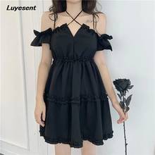 Eomen Black Ruffles Empire Gothic Dress 2022 Sumemr Lady Halter Backless Mini Dresses Short Sleeve Deep V Sexy Casual Streetwear 2024 - buy cheap