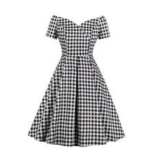 Women Summer Dresses Plaid Slash Neck Off Shouder Solid Vestidos 2021 Black White Checked A-line High Waist Dress Robe Femme 2024 - buy cheap