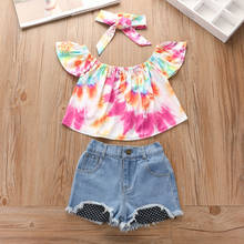 Summer Girls Clothing Fashion Toddler Kids Baby Girl One Shoulder Tops Shirt Shorts Jeans Headband 3Pcs Outfits Children Clothes 2024 - buy cheap