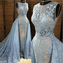Vestido de noite estilo sereia, longo, de tule azul, com rendas, apliques, vestido especial de formatura 2024 - compre barato