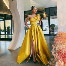 Gold One Shoulder Prom Dresses Long 2022 High Split Evening Dress Party Gowns With Pocket Plus Size Vestidos de fiesta de noche 2024 - buy cheap