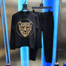 Moletom com capuz + calça masculino, calça para treino hip hop estampa de leopardo conjunto de moletom outono inverno 2024 - compre barato