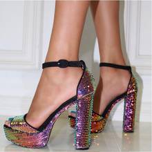 Sandalias sexys ostentoso para mujer, zapatos de tacón alto con plataforma, con lentejuelas y correa en el tobillo, para verano 2024 - compra barato