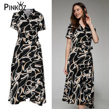 Pinkoz-vestido midi de manga curta, elegante, casual, decote em v, verão, feminino, com laços, estampado, diário, para escritório, roupa feminina 2024 - compre barato