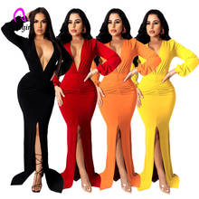 Solid Color Women Long Maxi Dresses Elegant Deep V Neck Sheer High Slit Floor Length Vestidos Bodycon 2021 Evening Party Dresses 2024 - buy cheap