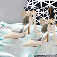 Sapatos de festa femininos bico fino com laço, calçado de casamento, laço, banquete, bomba, sapatos 2024 - compre barato
