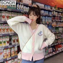 Suéter cardigã feminino manga comprida, camisola feminina folgada bordada com desenho animado 2024 - compre barato