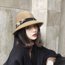 Pearls Decoration Women Fedora Hat Soft Wool Elegant Flat Top Hat Wide Brim Ladies Black Khaki Cap 2024 - buy cheap