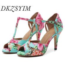 DKZSYIM Ballroom Latin Dance Shoes For Women Ladies Girls Green Printed Tango Shoes Fish mouth exposed shoes toes salsa 6-10cm 2022 - buy cheap