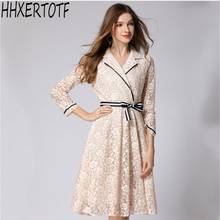 2021 spring  Fashion women  V neck   three quarter Sleeve Pleated Hollow Out Lace   Loose Dress 2024 - buy cheap