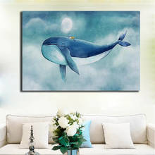 Картина на холсте с изображением милого синего Кита, современный мультяшный морской пейзаж, плакат и принты, украшение для дома, Настенная картина для детей 2024 - купить недорого