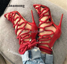 Linamong Newest Brand Open Toe Rope Cross Stiletto Heel Gladiator Sandals Red Gold Silver Blue Strappy High Heel Sandals Heels 2024 - buy cheap