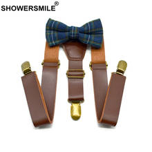 SHOWERSMILE Kids Suspenders With Bow Tie Leather British Style Boys Suspenders Vintage Wedding Brown Children Braces 75cm*2.5cm 2024 - buy cheap