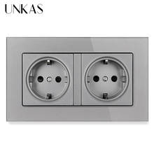 UNKAS 16A Double EU Standard Wall Socket Crystal Glass Panel Power Outlet Grounded With Child Protective Door Grey Black 2024 - buy cheap