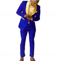 Жаккардовый облегающий мужской костюм Королевского синего цвета, смокинг с золотым отворотом, костюм из 2 предметов, Свадебные Мужские костюмы с брюками, Terno Masculino 2024 - купить недорого