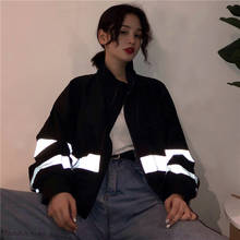 Chaqueta Bomber reflectante Harajuku para mujer, abrigo básico negro de gran tamaño, cortavientos de manga larga, chaqueta recortada de béisbol 2024 - compra barato