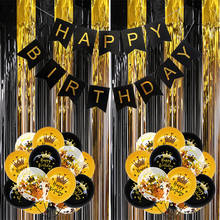 Decoración de fiesta de cumpleaños de oro negro, pancarta de globos de feliz cumpleaños, suministros de cortinas de rayas de papel de aluminio para fiesta 2024 - compra barato