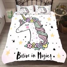 Printed Cute Unicorn White Comforter Bedding Sets Full Size Five Stars Flowers Cartoon Bedding Duvet Cover Sets Kids Single GTY 2024 - buy cheap