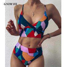 GNIM Sexy V Neck Swimwear Women Push Up Stitching Color High Waist Swimsuit Bikini Mujer 2020 Summer High Cut Swim Bathing Suit 2024 - buy cheap