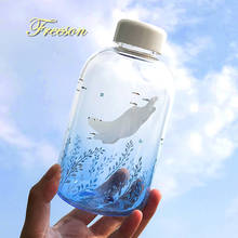 Botella de agua de vidrio azul degradado, botella de agua deportiva con sello de oso Polar bonito, 600ml, para acampar 2024 - compra barato