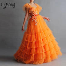 Pretty Orange Color Ruffles Tulle Prom Dresses 3D Flower Beaded A-line Long Birthday Party Dress Long Prom Gowns 2024 - buy cheap