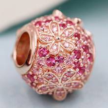 Original Rose Gold Pink Pave Daisy Flower With Crystal Beads Fit 925 Sterling Silver Charm Bracelet Bangle DIY Jewelry 2024 - buy cheap