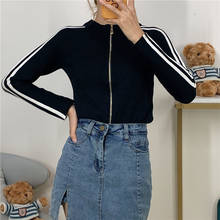 Suéter feminino listrado com manga comprida, blusa feminina malha fashion casaco justo sexy curto emagrecedor 2024 - compre barato