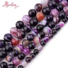Bolas redondas de ágata de rayas naturales, bolas lisas de piedra púrpura de 6/8/10/12mm para collar, pulseras, hilo de fabricación de joyas de 15" 2024 - compra barato