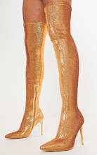 Botas de muslo ostentosas para mujer, botines por encima de la rodilla con lentejuelas elásticas, punta estrecha y tacón alto, para baile de escenario 2024 - compra barato