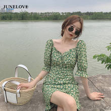 JuneLove French Green Floral Dress Women Sexy V-Neck Chiffon Korean Elegant Sweet Dress Casual Backless Party Mini Dress Summer 2024 - buy cheap