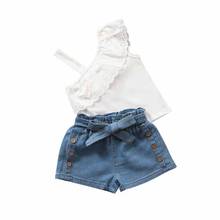 Conjuntos de roupas para crianças 2021 meninas doces roupas verão novo algodão branco camisa jeans shorts casual conjunto de duas peças terno 0-5y 2024 - compre barato