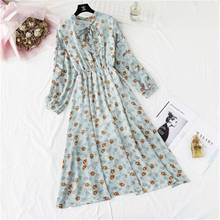 Fahion Spring Autumn New Women's Chiffon Dresses Print Female Floral Dress Casual Loose Dress For Women  Belt Bow Long Sleeve 2024 - buy cheap